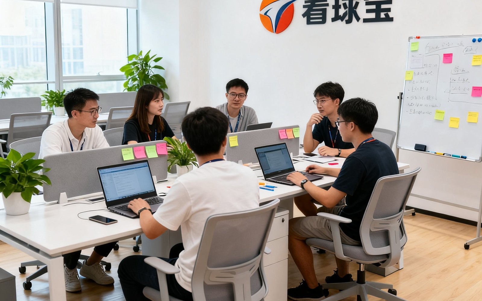 看球宝深圳总部开放式办公环境，年轻化团队在现代化办公空间协作讨论产品迭代